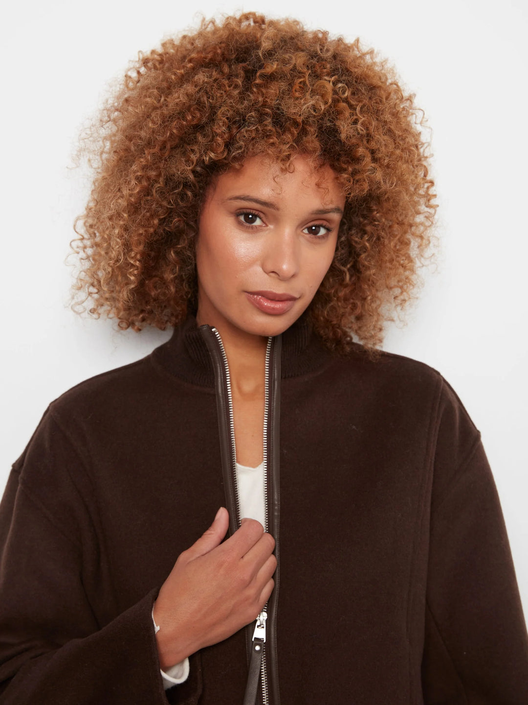 Wool Bomber Jacket with Zipper at Front - Coffee