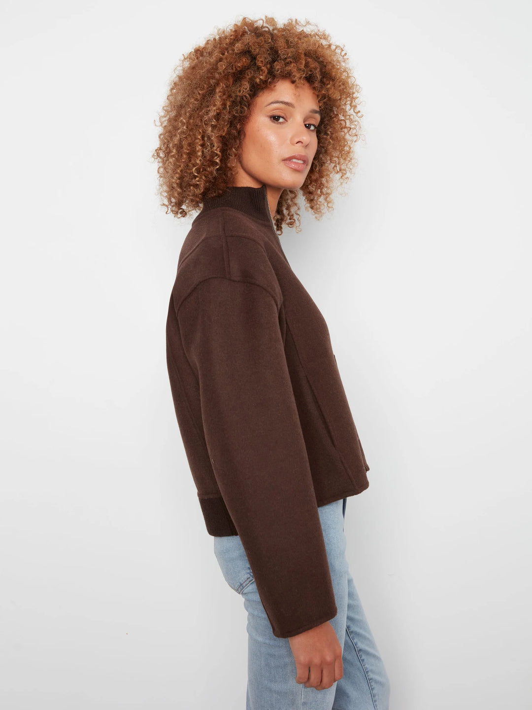 Wool Bomber Jacket with Zipper at Front - Coffee