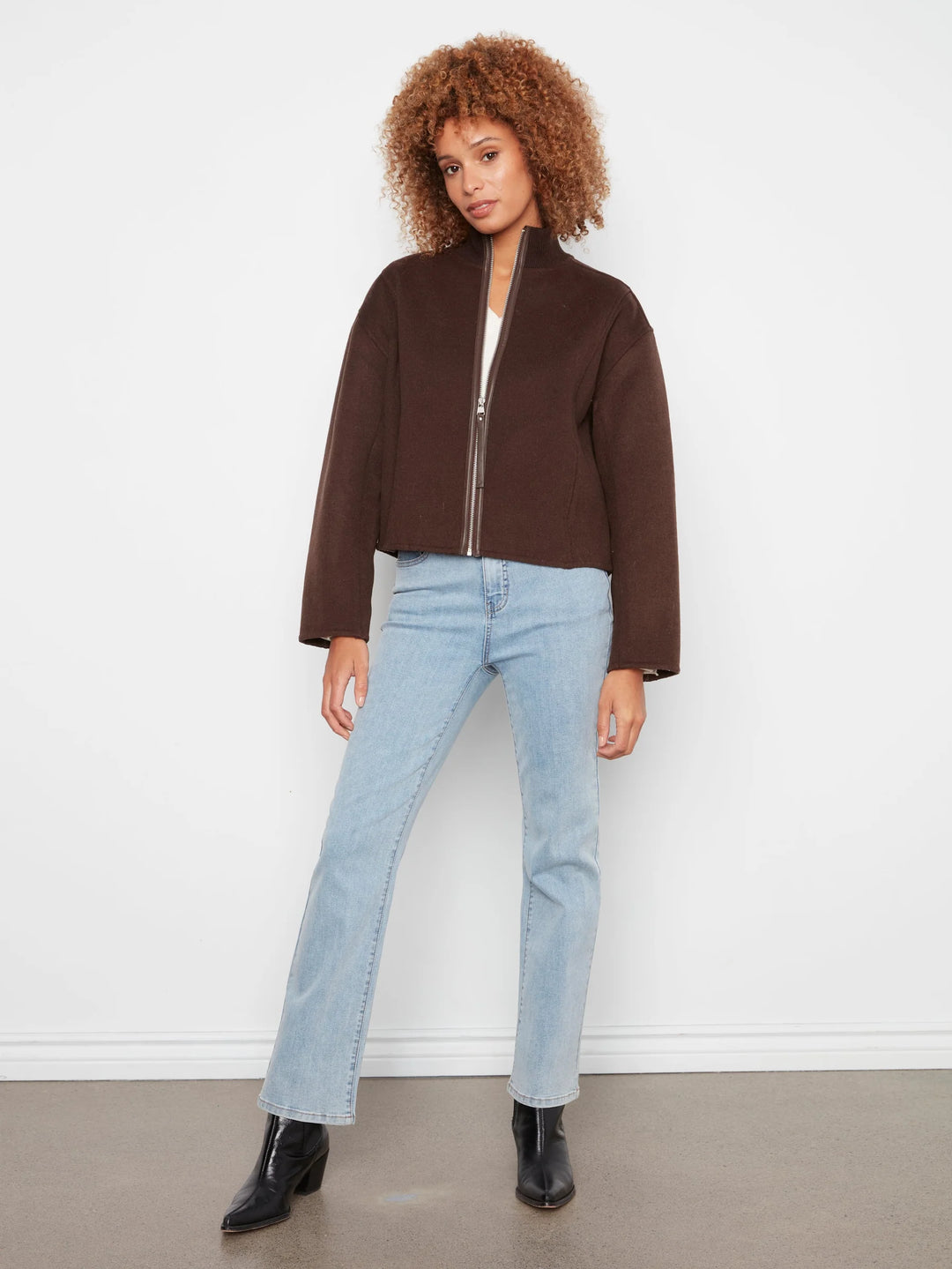 Wool Bomber Jacket with Zipper at Front - Coffee