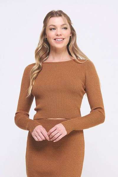 Caramel copper lurex ribbed sweater