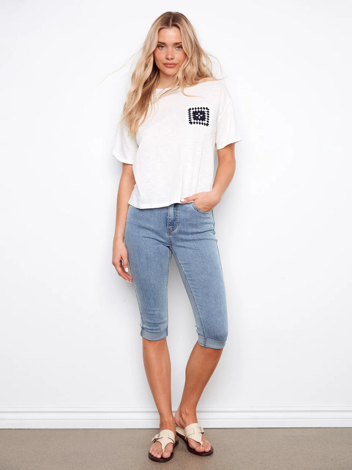 Organic Cotton T-Shirt With Crochet Chest Pocket