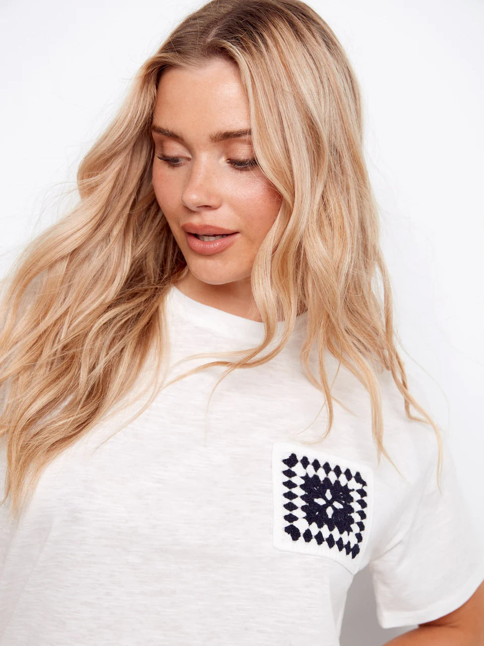 Organic Cotton T-Shirt With Crochet Chest Pocket