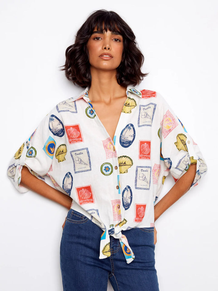 Printed Front Tie Button-Front Blouse With Ruched-Up Sleeves