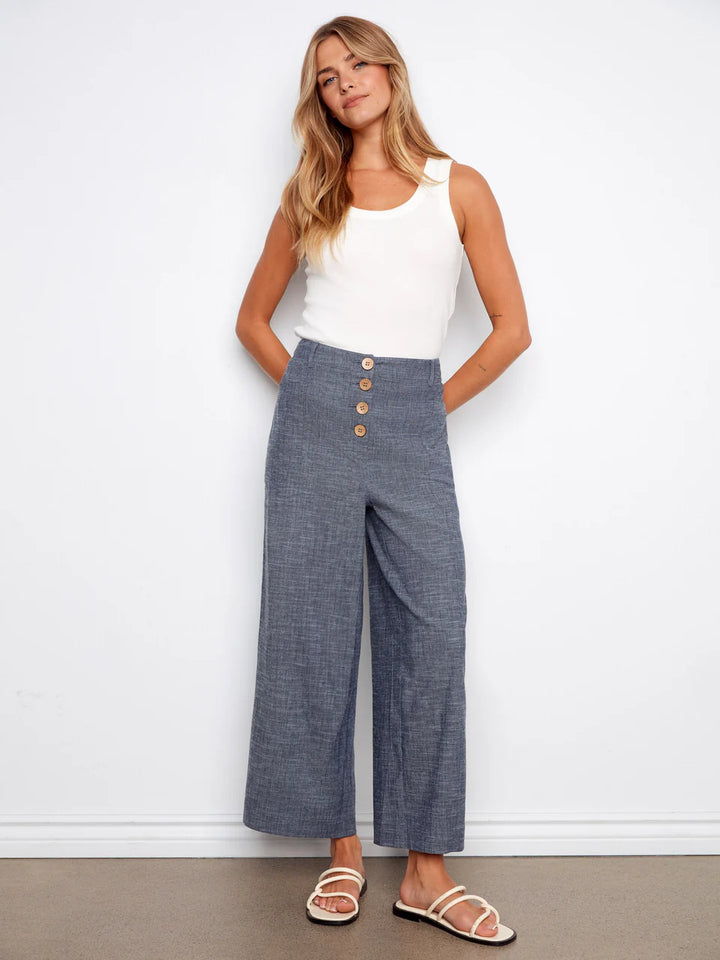Stretch Linen Wide Leg Button Front Pants