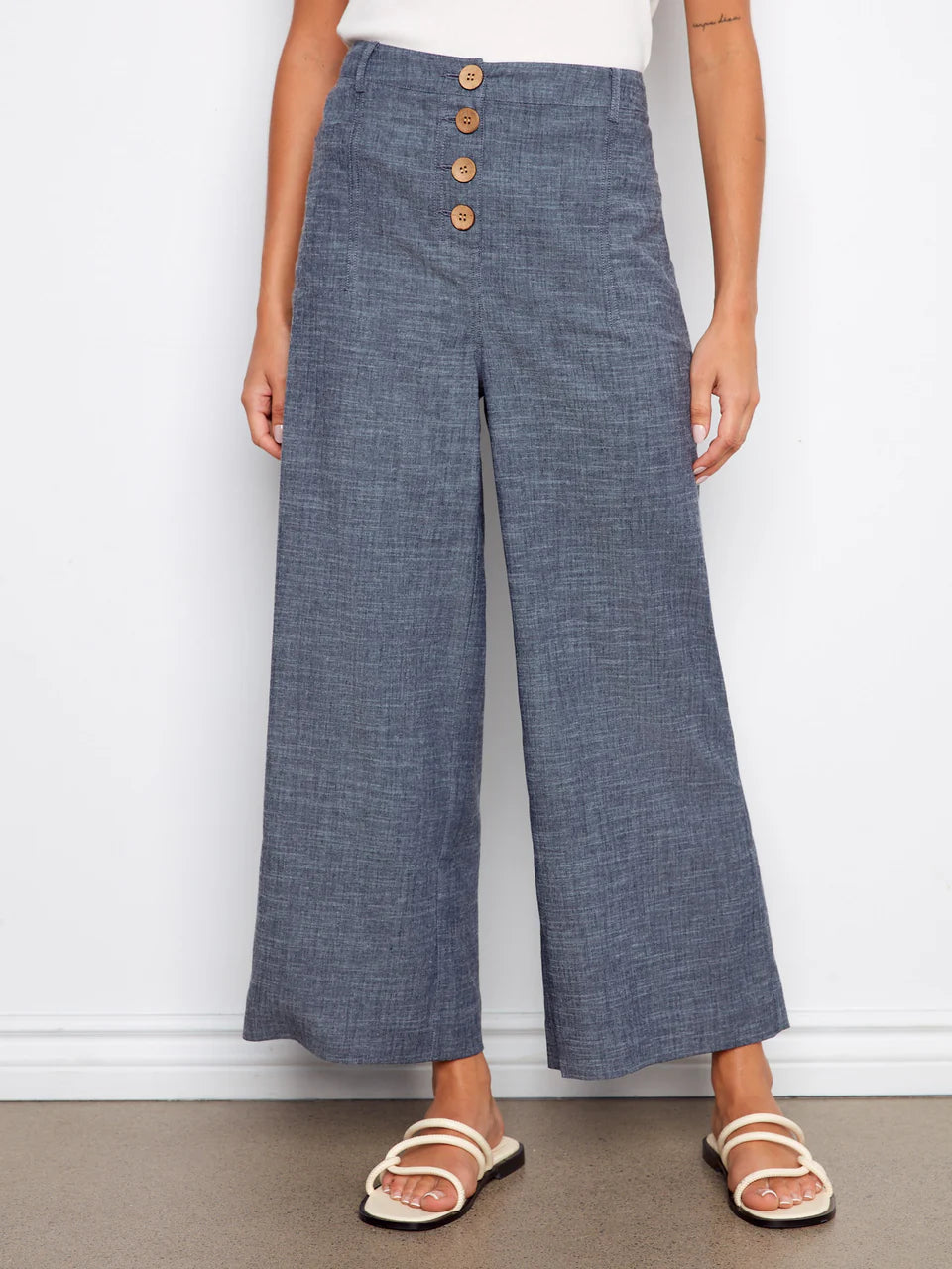 Stretch Linen Wide Leg Button Front Pants