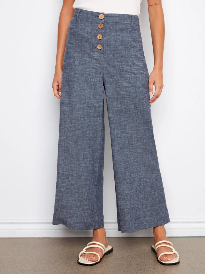 Stretch Linen Wide Leg Button Front Pants