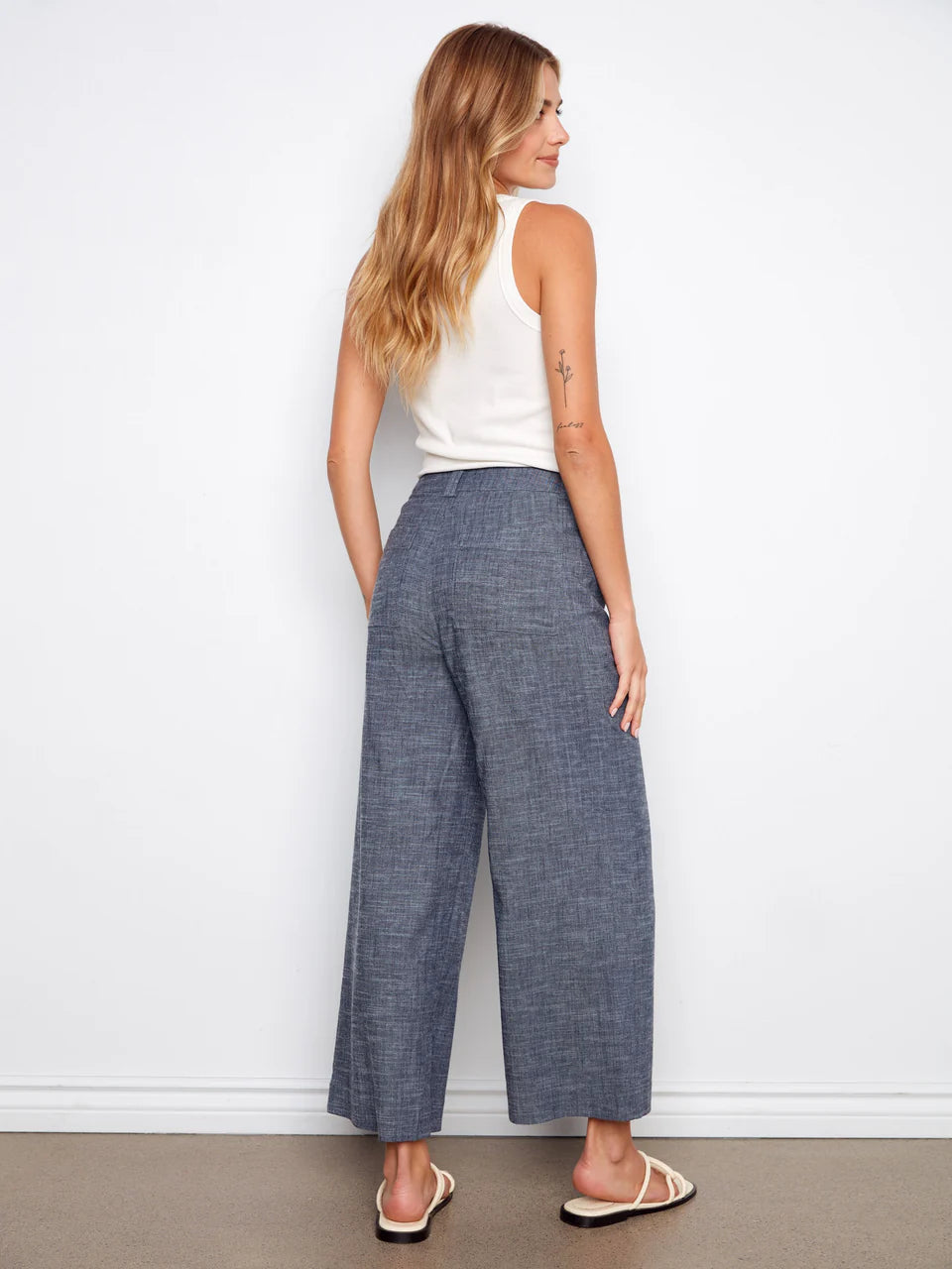 Stretch Linen Wide Leg Button Front Pants