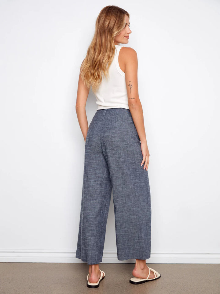 Stretch Linen Wide Leg Button Front Pants