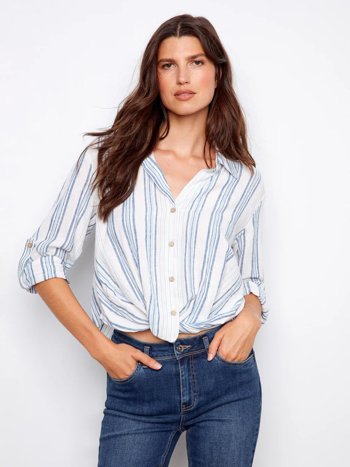 Denim Yarn Dye Stripe Twist Front Shirt With Roll-Up Long Sleeves
