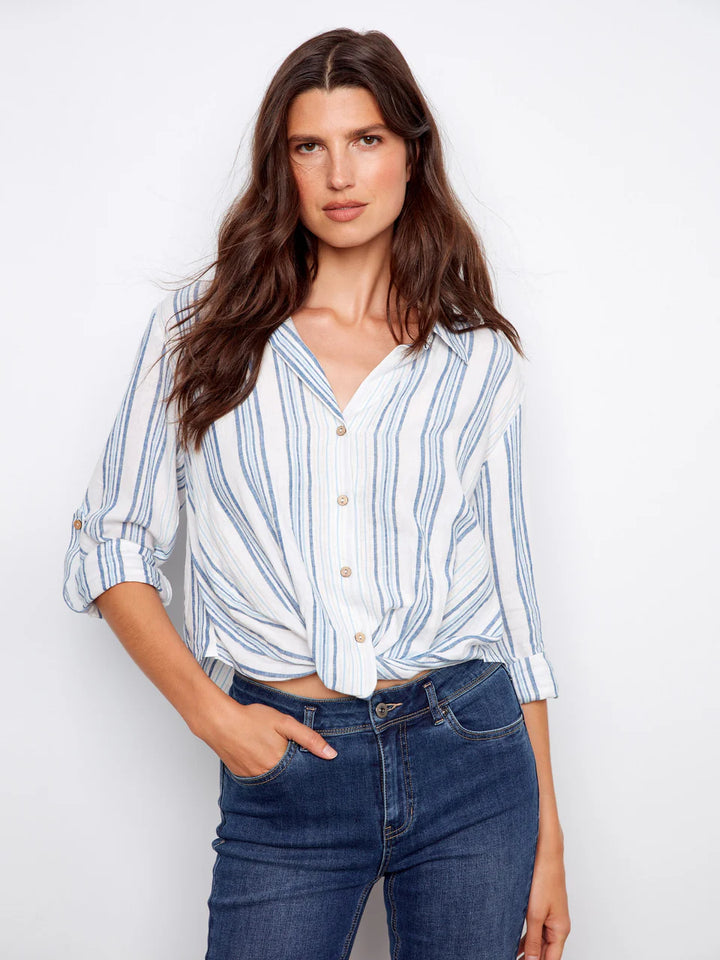 Denim Yarn Dye Stripe Twist Front Shirt With Roll-Up Long Sleeves