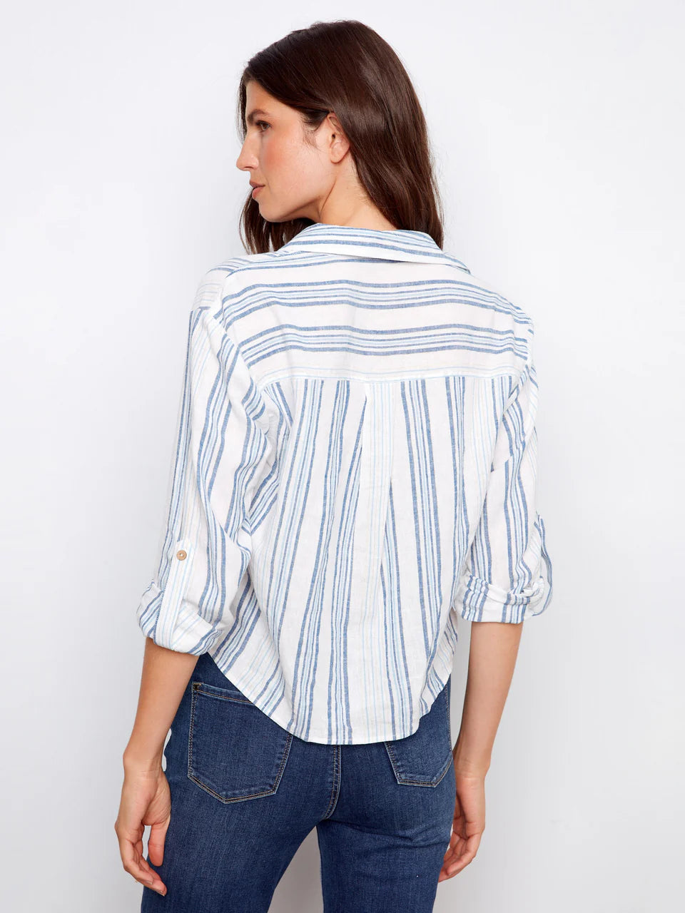 Denim Yarn Dye Stripe Twist Front Shirt With Roll-Up Long Sleeves