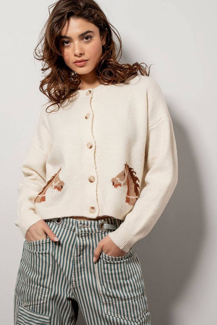 Western Horse Graphic Button Front Cropped Cardigan Sweater