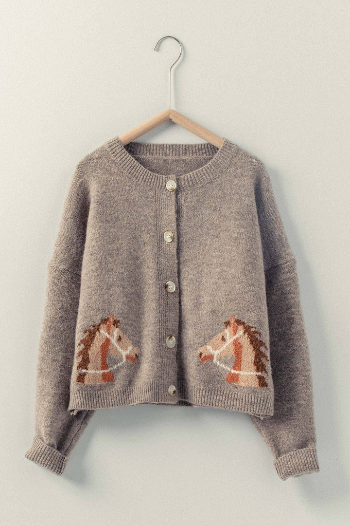 Western Horse Graphic Button Front Cropped Cardigan Sweater