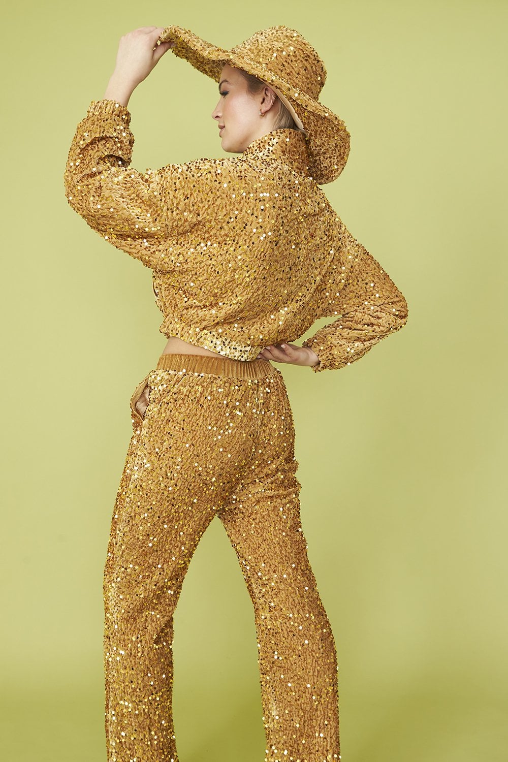 Gold Sequin Cropped Biker Jacket