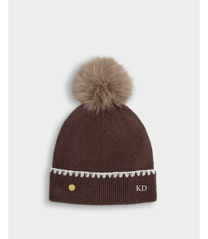 Whipstitch Pom Pom Knitted Hat - Chocolate