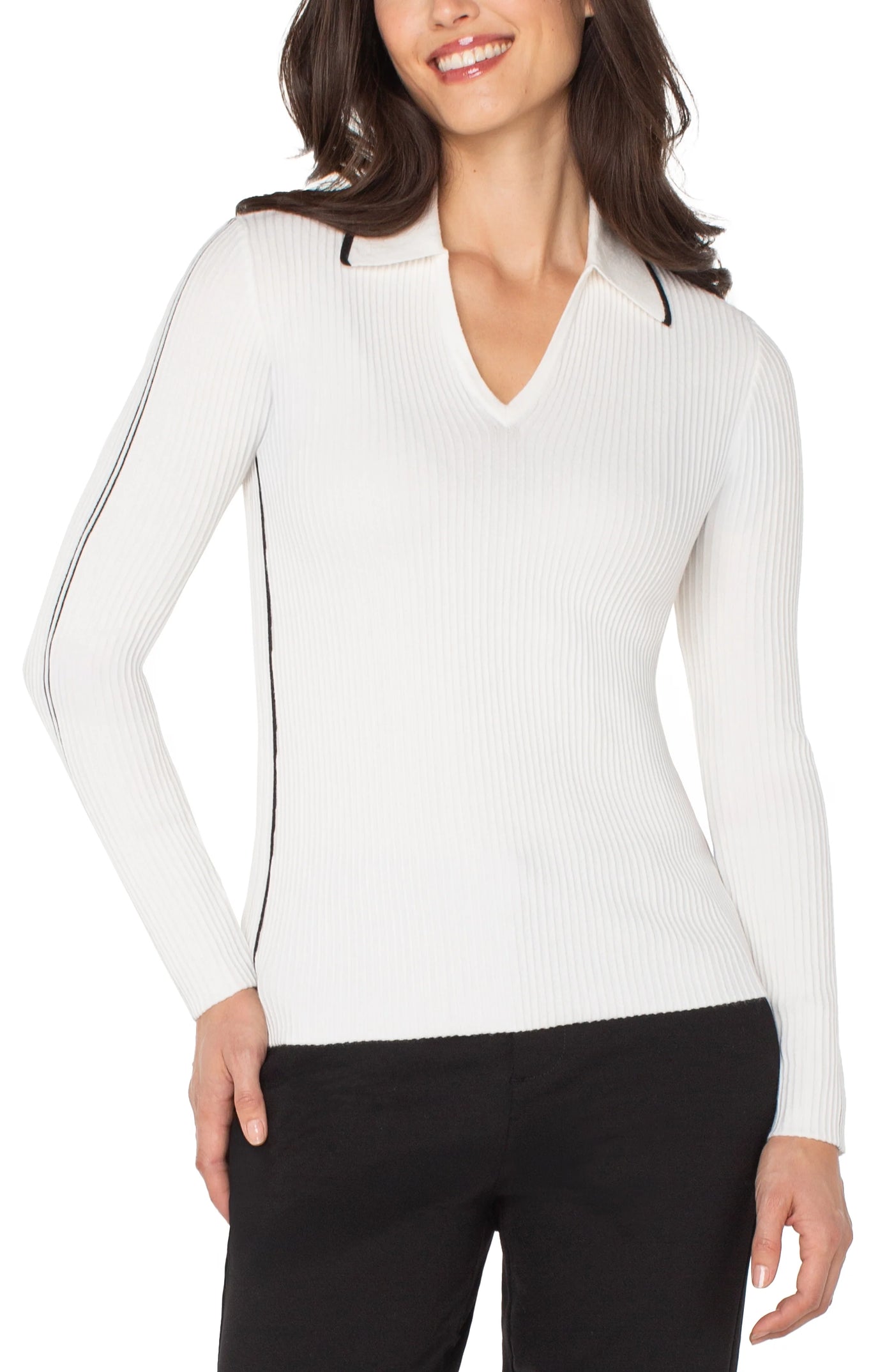 Long Slv V-Neck Collared Sweater
