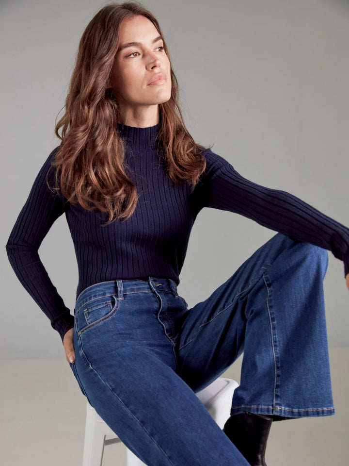 Basic Ribbed Knit Mock Neck Long Sleeve Sweater - Navy