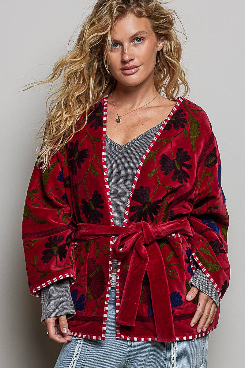 Ruby velvet wrap jacket with floral vine embroidery