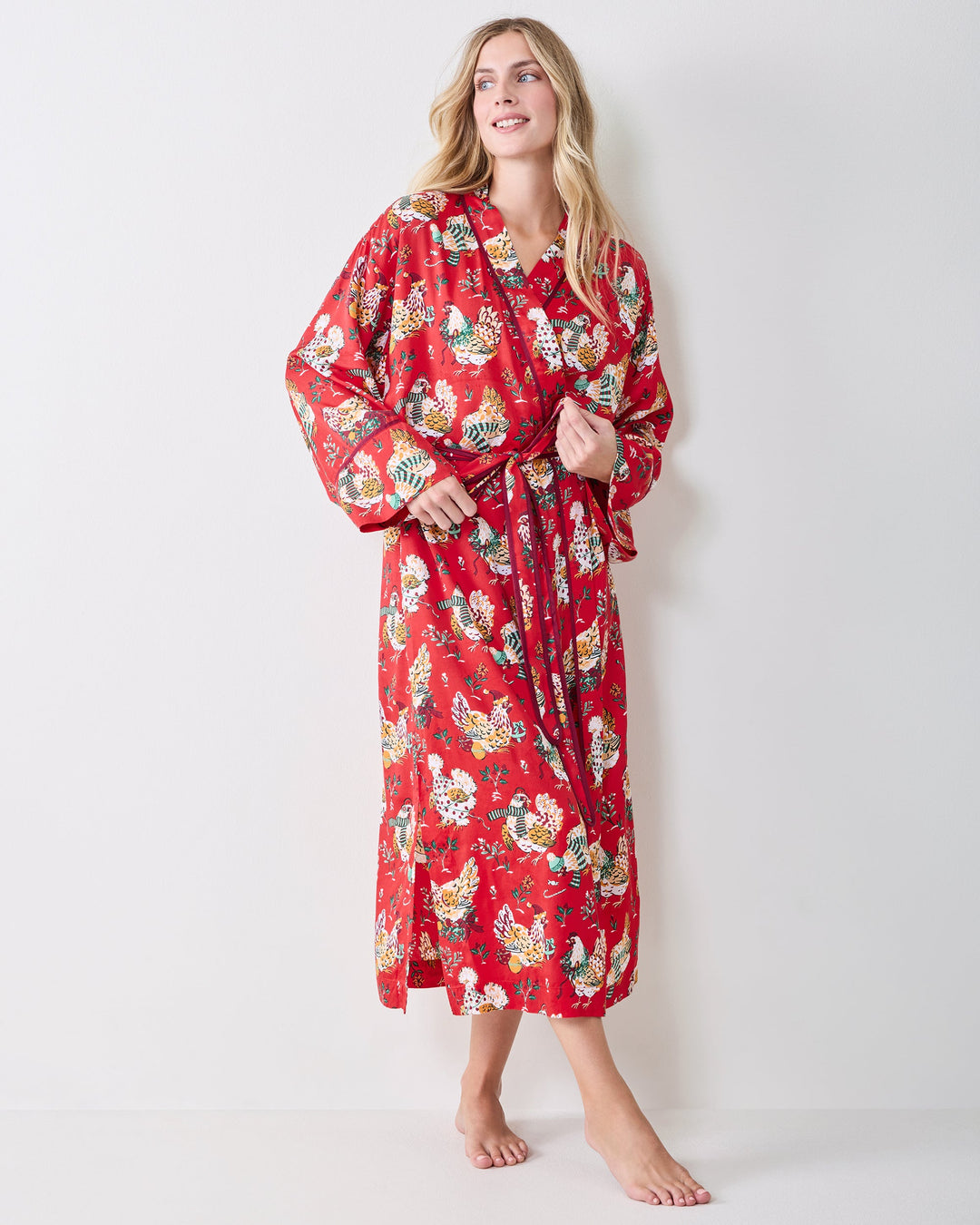 Printfresh Holiday Hens red satin robe