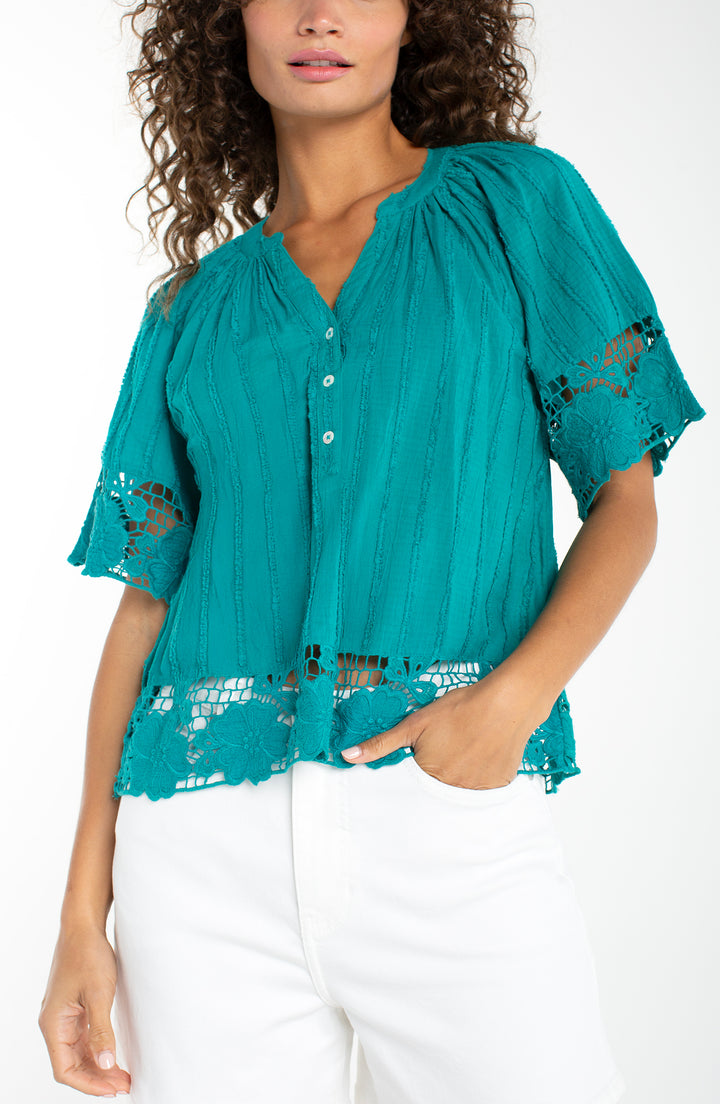 Short Sleeve Woven Top w/ Lace