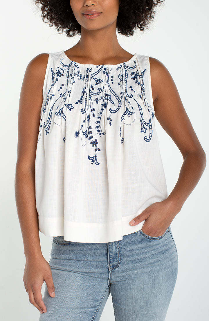 Sleeveless Boat Neck Woven Top w/ Pintucks