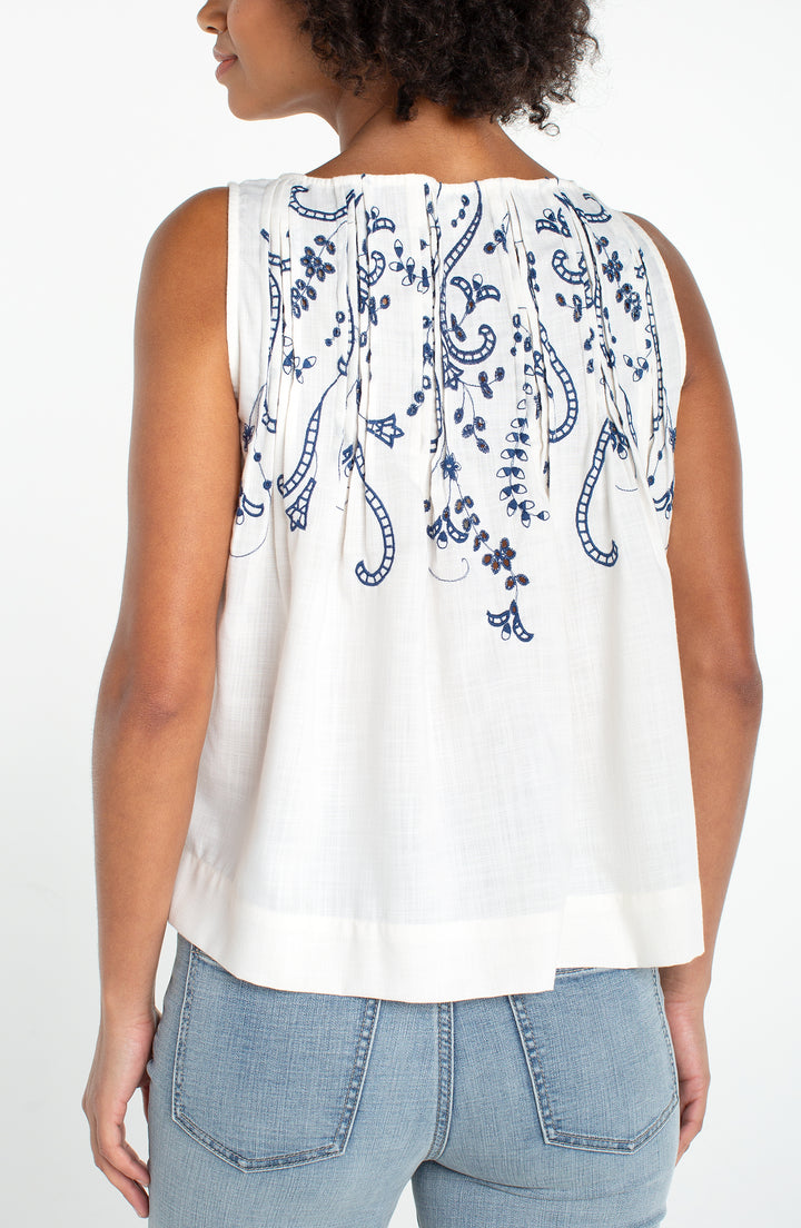 Sleeveless Boat Neck Woven Top w/ Pintucks
