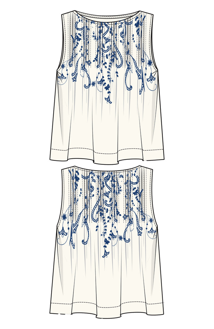 Sleeveless Boat Neck Woven Top w/ Pintucks