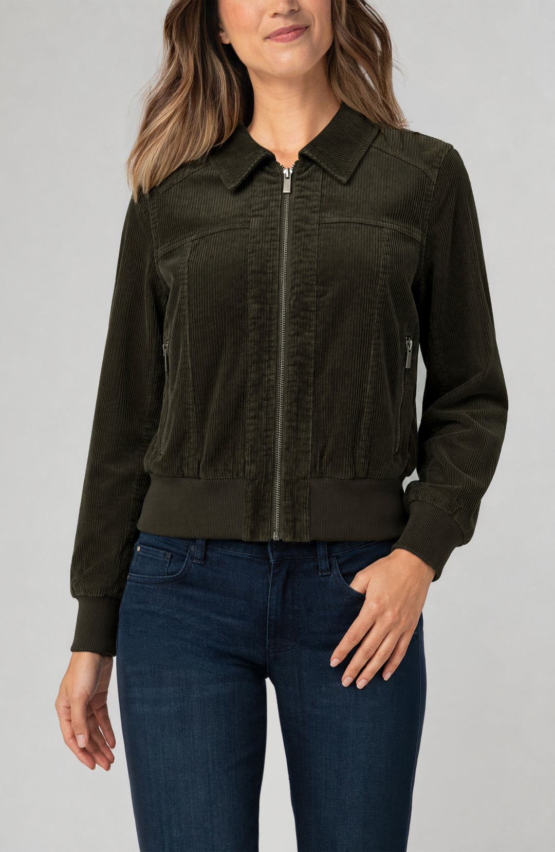 zip front collared bomber jacket