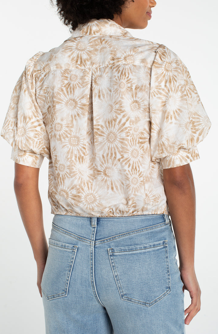 Puff Slv Button Front Woven Top w/ Twist