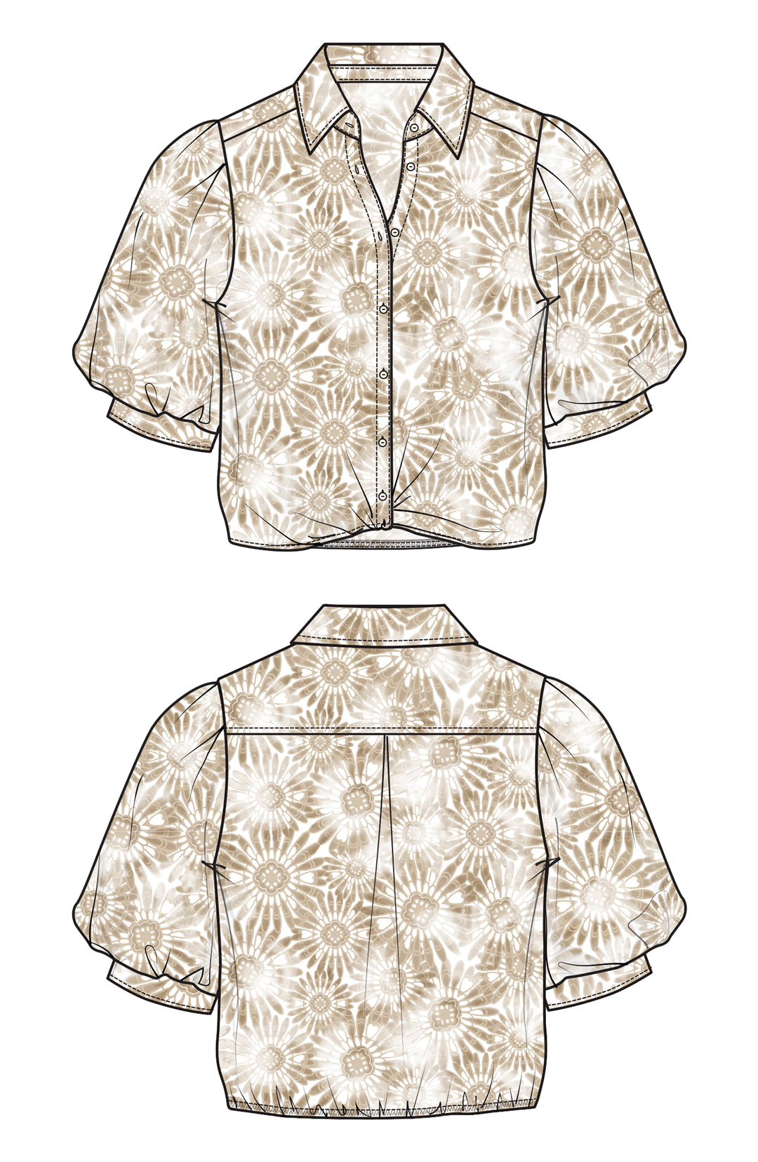 Puff Slv Button Front Woven Top w/ Twist