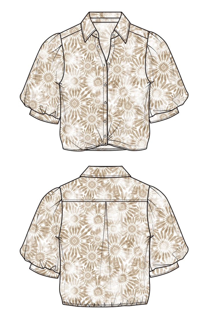Puff Slv Button Front Woven Top w/ Twist