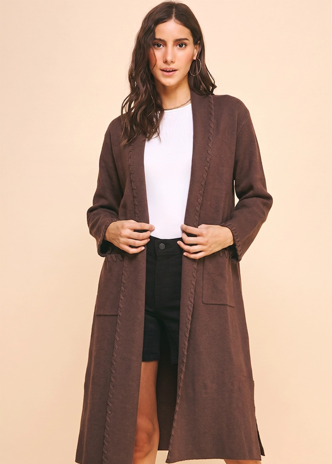 Pinch espresso edge detail open knit cardigan
