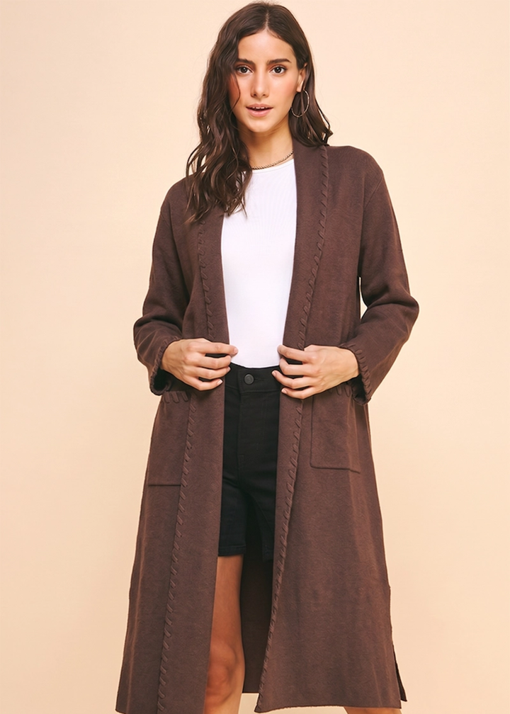 Pinch espresso edge detail open knit cardigan