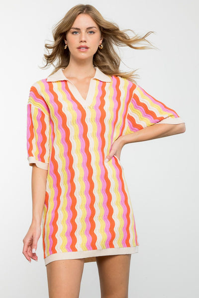 Short Sleeve Multi Color Knit Tunic Dress